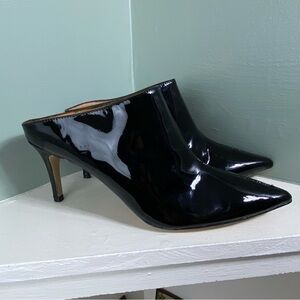 Halogen Atlantic-Pacific Black Patent Leather Andi Stiletto Pointy Mule Heels